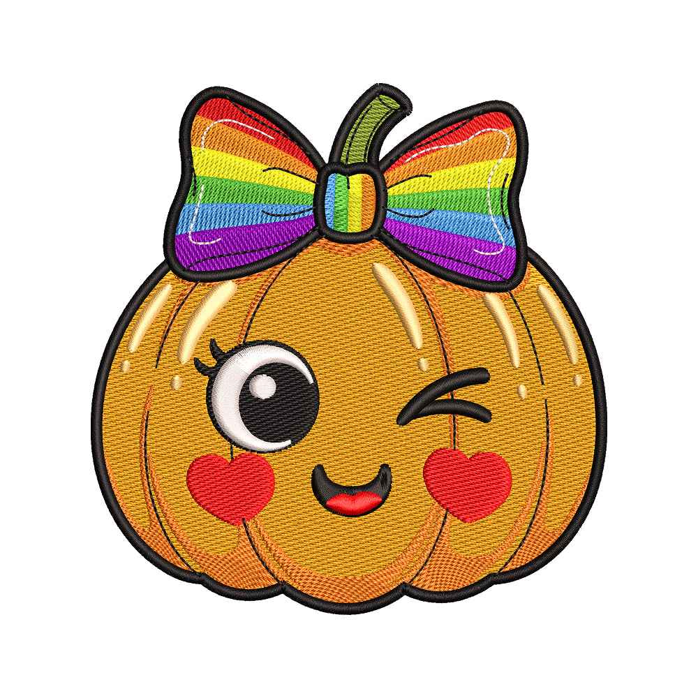 Kawaii Pumpkin with Rainbow Bow Embroidery Design - SG260517