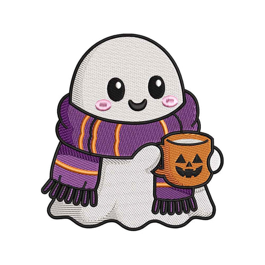 Halloween Cozy Ghost Embroidery Design - Kawaii Pumpkin Mug Motif SG31072694