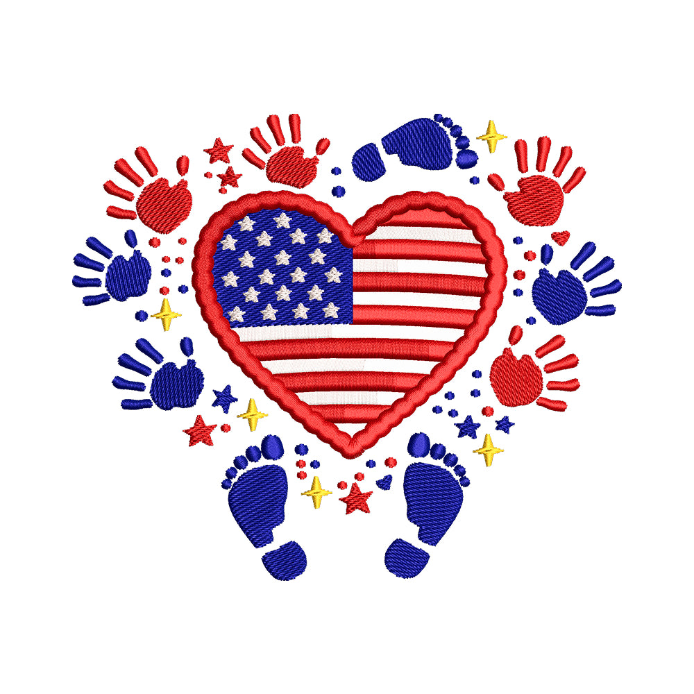 Patriotic Baby Prints and Flag Heart Embroidery Design - SG280406