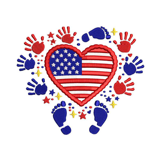 Patriotic Baby Prints and Flag Heart Embroidery Design - SG280406