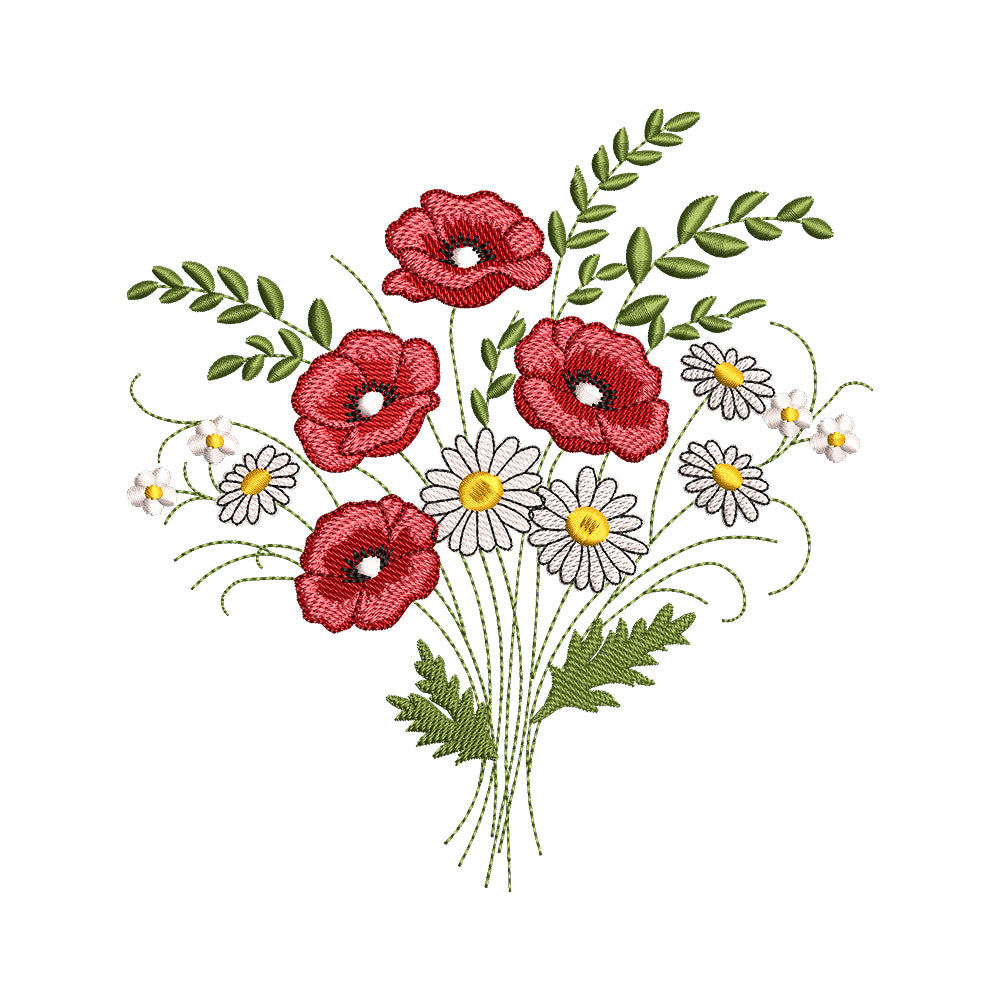 Poppy and Daisy Wildflower Bouquet Embroidery Design - SG300307