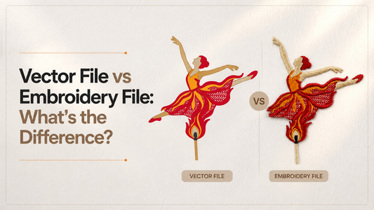 Vector file versus embroidery file comparison illustrating the embroidery digitizing process from artwork to machine embroidery design.