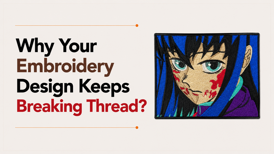Why your embroidery design keeps breaking thread illustrated with a detailed embroidered patch showing clean stitching and professional digitizing.