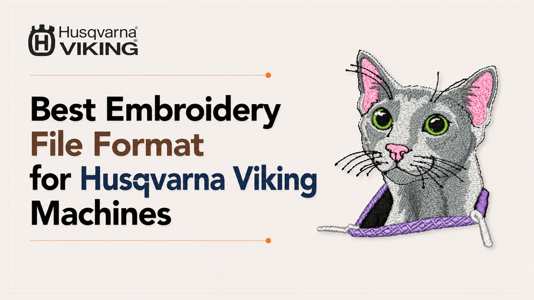Best embroidery file format for Husqvarna Viking machines illustrated with a professional cat embroidery design.