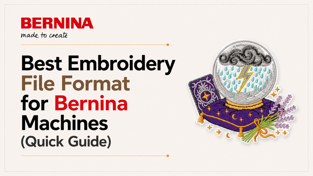 Best embroidery file format for Bernina machines illustrated with a professional embroidered patch design.