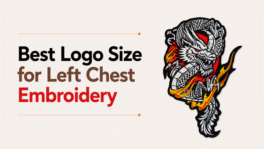 Best logo size for left chest embroidery illustrated with a detailed dragon embroidery design.