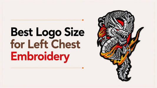 Best logo size for left chest embroidery illustrated with a detailed dragon embroidery design.