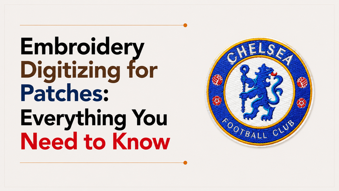 Embroidery digitizing for patches guide featuring a professionally embroidered custom patch with a circular sports logo.