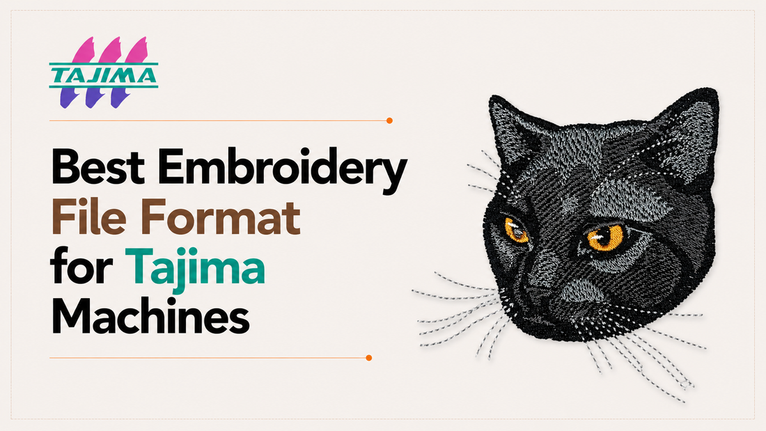 Best embroidery file format for Tajima machines illustrated with a professional black cat machine embroidery design.