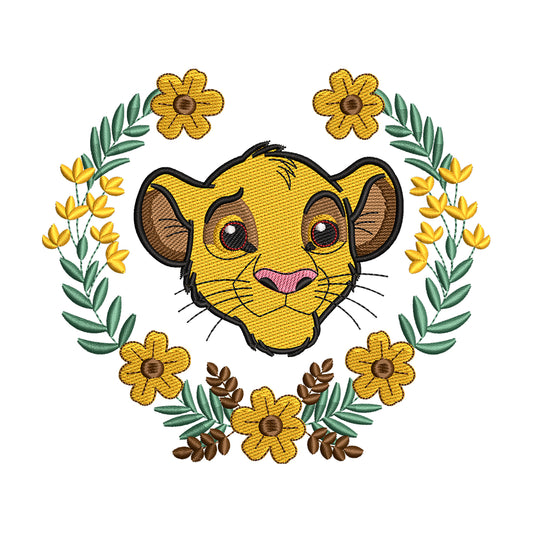 Young Simba in Floral Wreath Embroidery Design - 190406