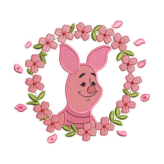 Piglet in Cherry Blossom Wreath Embroidery Design - 190408