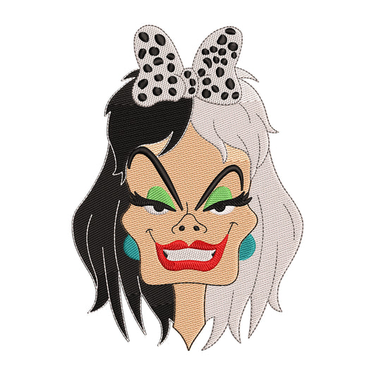 Cruella de Vil with Dalmatian Bow Embroidery Design - 310332