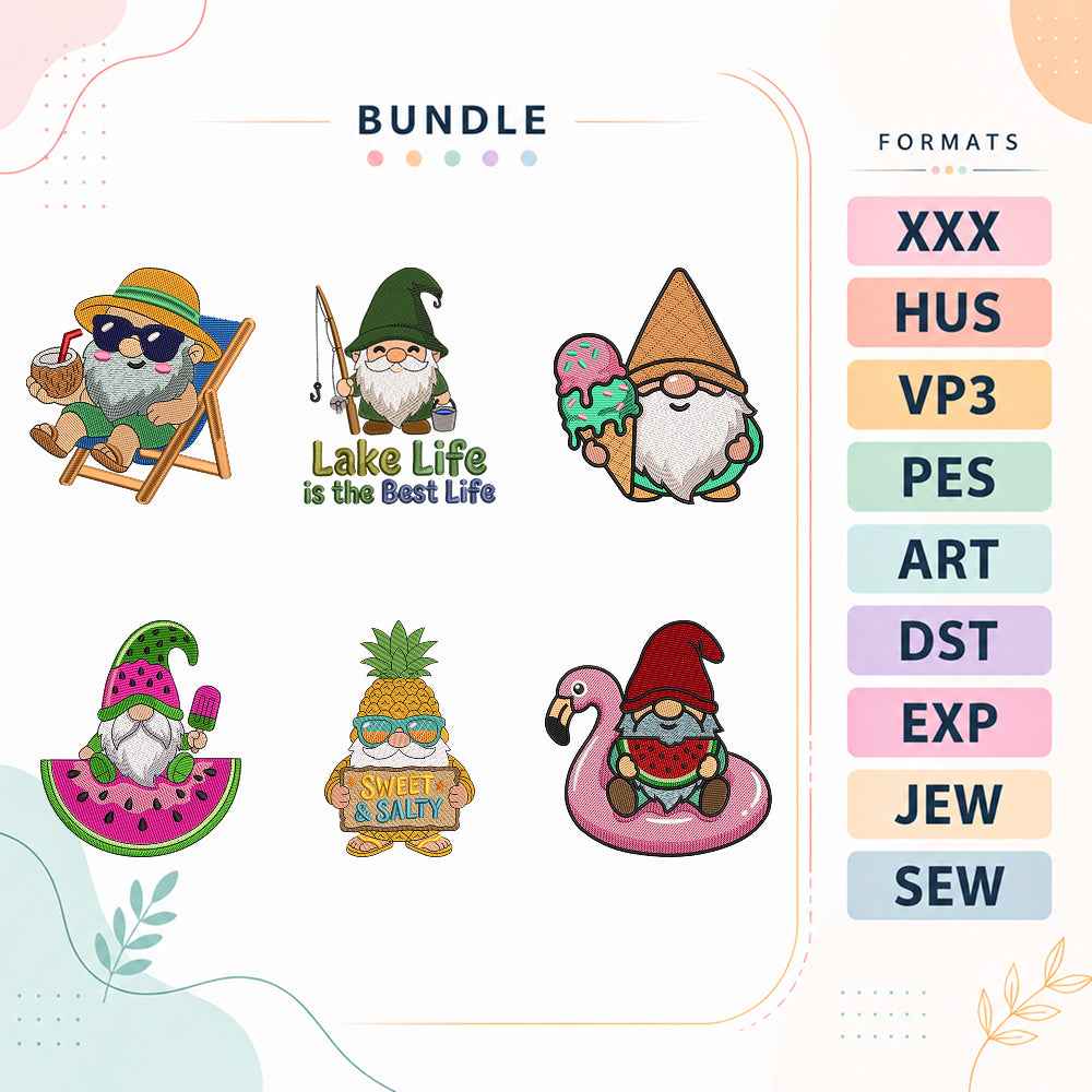 Summer Gnome Embroidery Bundle Beach Lake Tropical