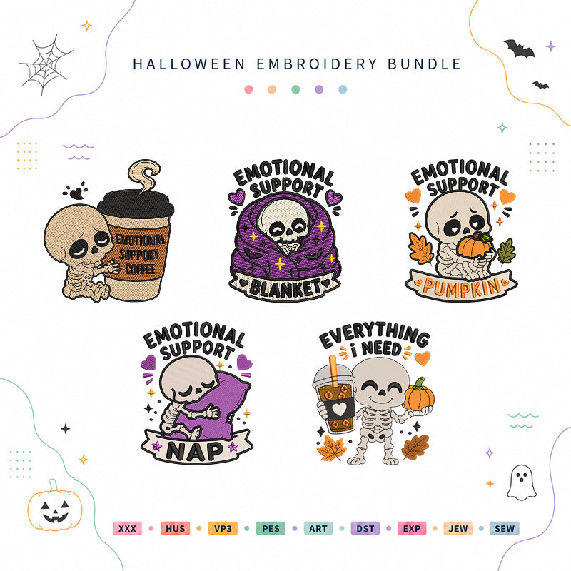Emotional Support Skeletons Halloween Embroidery Bundle Cozy Fall Files - BSG0000031