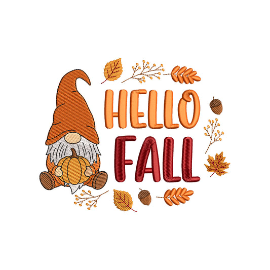Hello Fall Gnome Pumpkin Embroidery Design for Autumn Shirts & Decor - SG200706