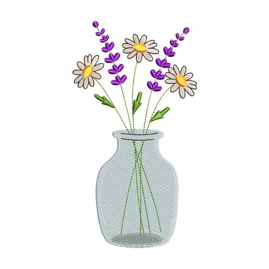 Daisies and Lavender in a Vase Embroidery Design - SG010608