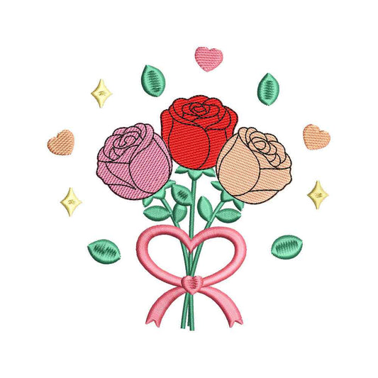 Rose Bouquet Romantic Floral Heart Bow Embroidery Design – SG010622