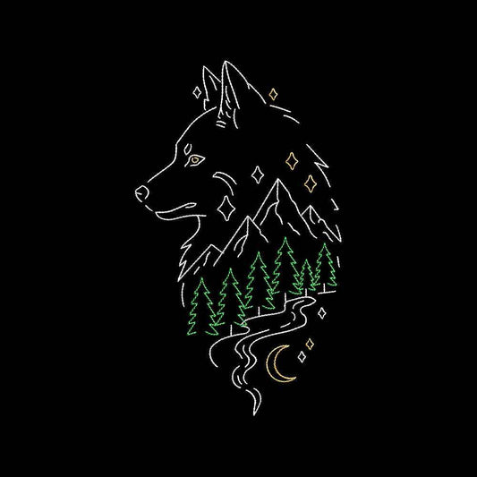 Wolf Mountain Forest Embroidery Design Wildlife Nature Line Art - SG01062613