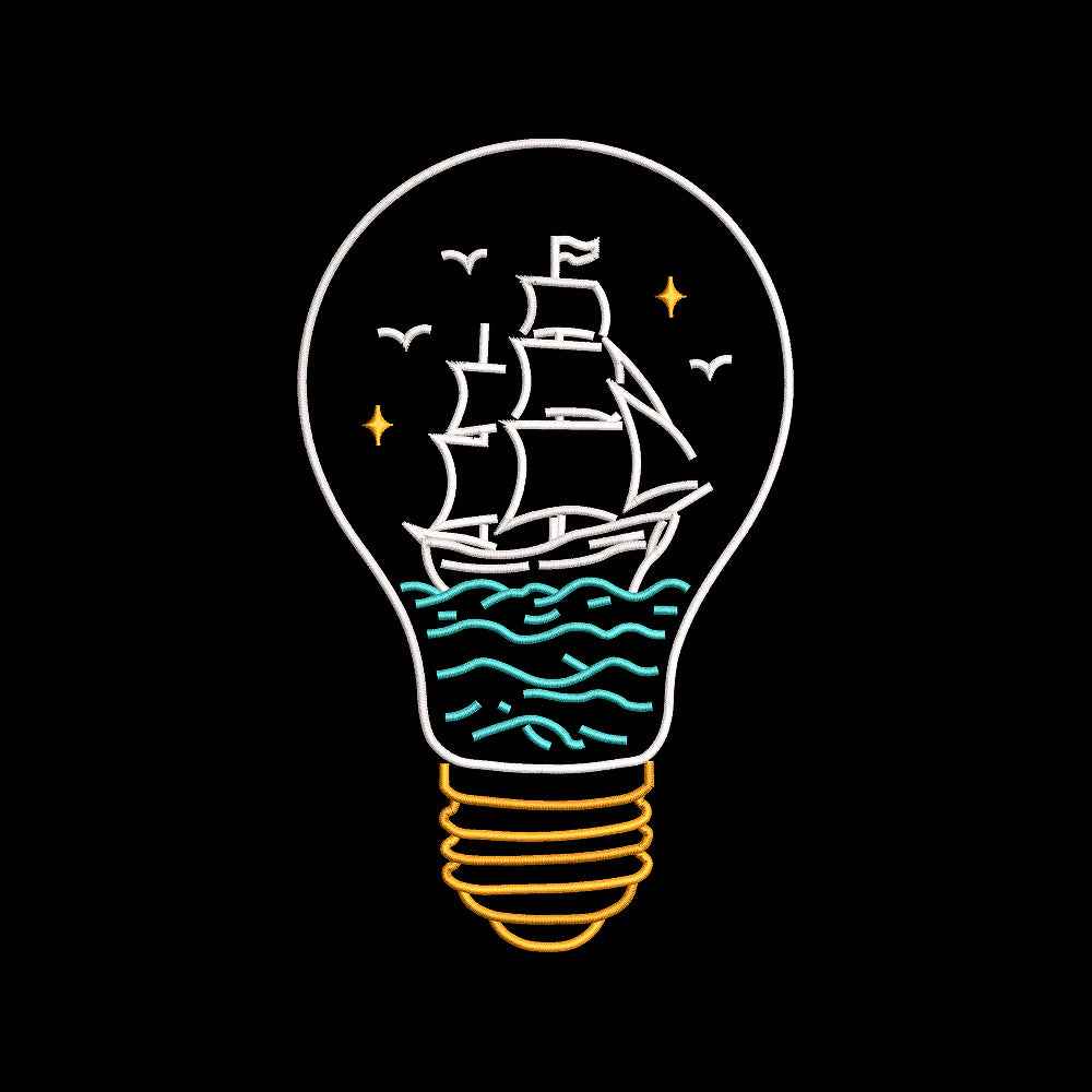 Sailing Ship in Light Bulb Embroidery Design Nautical Ocean Adventure - SG01062617
