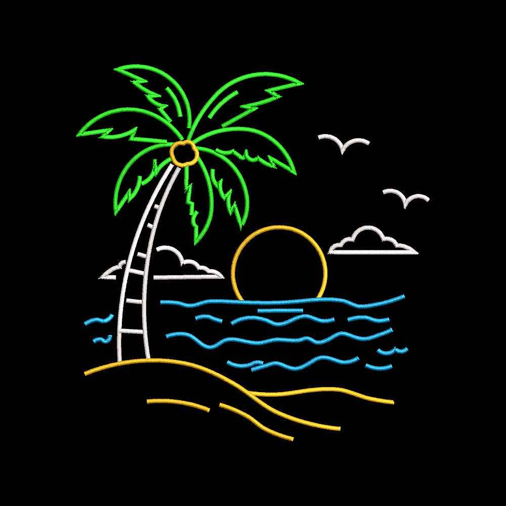 Tropical Beach Sunset Palm Tree Embroidery Design Summer Ocean Scene - SG01062620