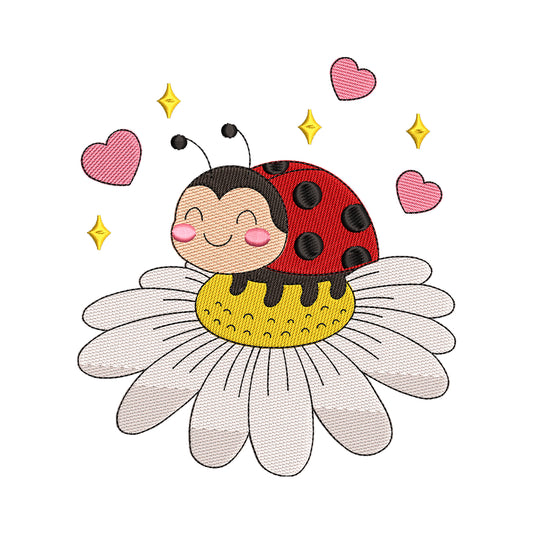 Kawaii Ladybug on a Daisy Embroidery Design - SG020602