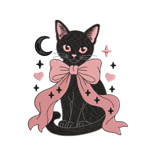 Black Cat With Pink Bow Embroidery Design Cute Halloween Kitty - SG02062605