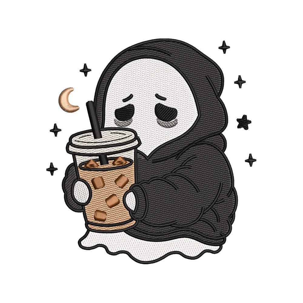 Sleepy Ghost Iced Coffee Embroidery Design Cute Halloween Character - SG03062603
