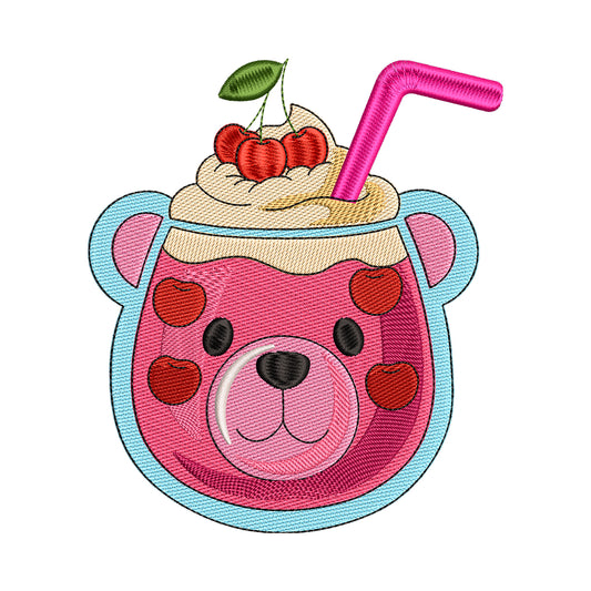 Kawaii Cherry Bear Drink Embroidery Design - SG040602