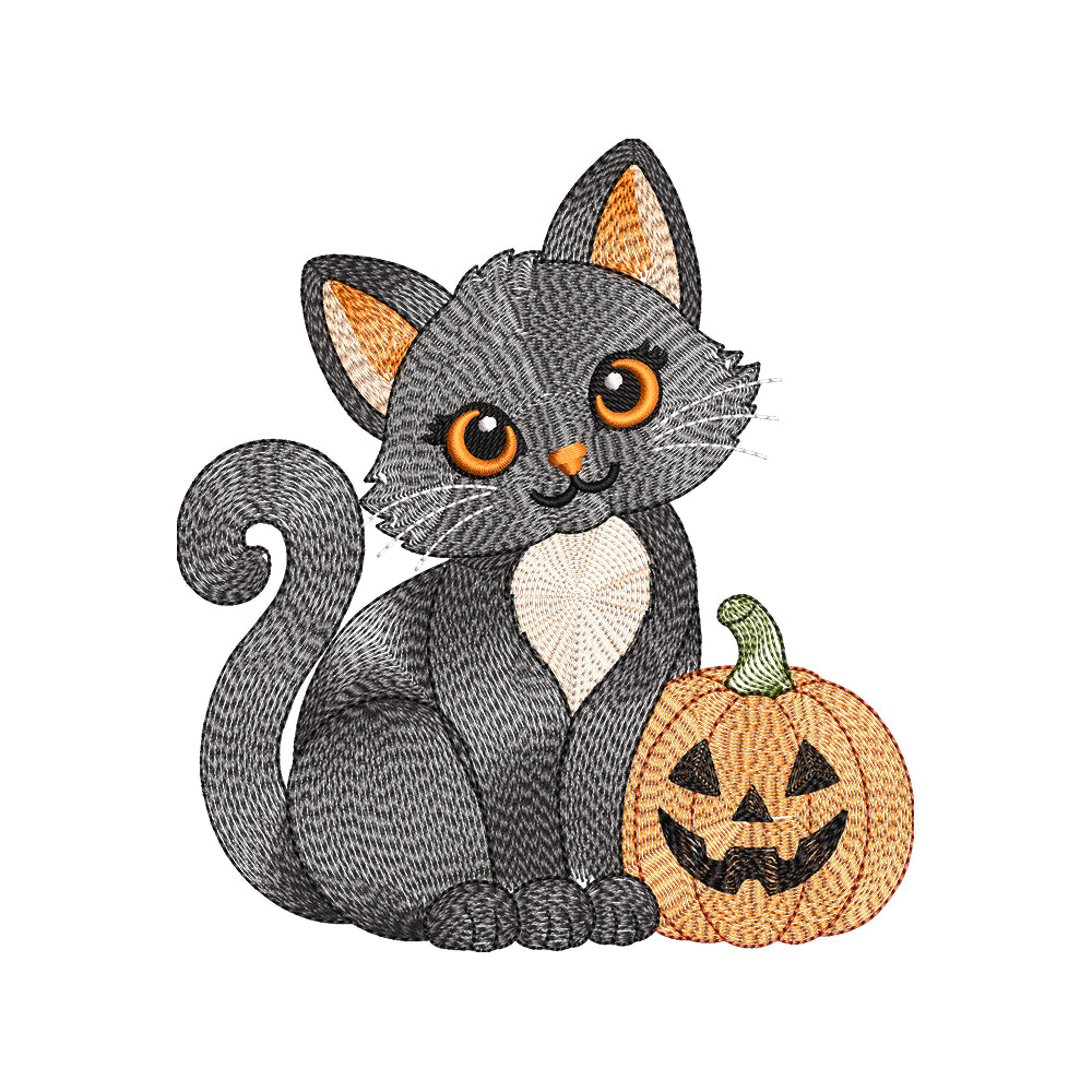 Cute Halloween Black Cat Pumpkin Ripple Machine Embroidery Design File - SG04092601