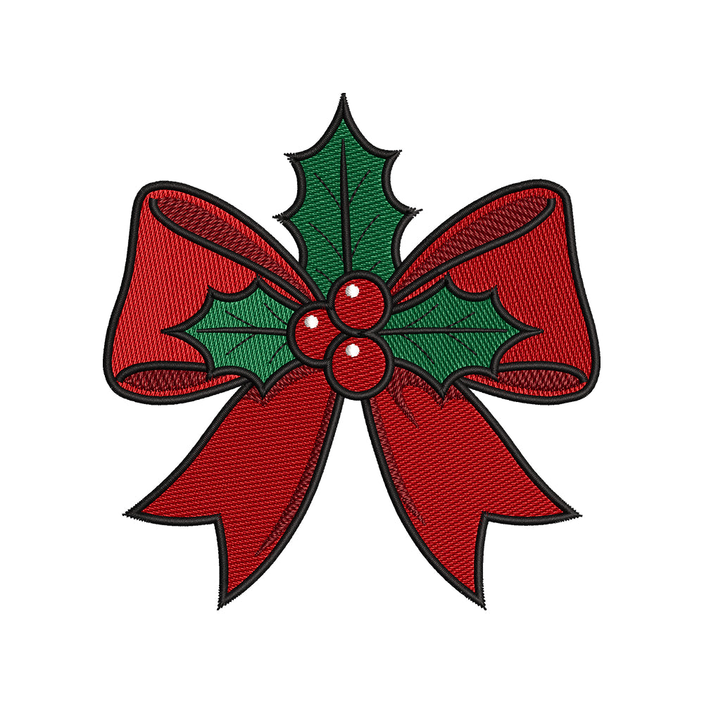 Classic Christmas Red Ribbon Bow With Holly Machine Embroidery Design File - SG08092605