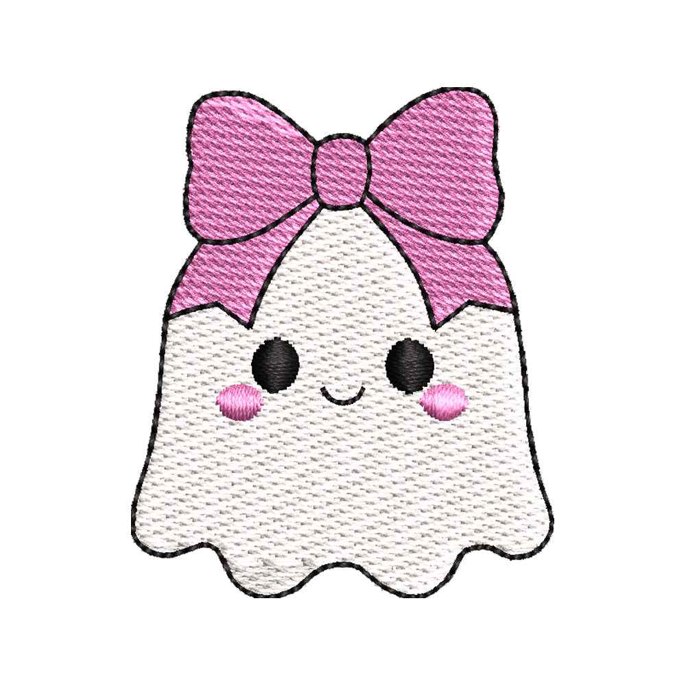 Mini Halloween Cute Ghost Girl Embroidery Design | Kawaii Ghost with Pink Bow Machine Embroidery Pattern - SG11072603