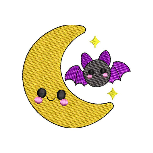 Mini Halloween Moon & Bat Embroidery Design | Cute Kawaii Crescent Moon and Bat Machine Embroidery Pattern - SG11072607