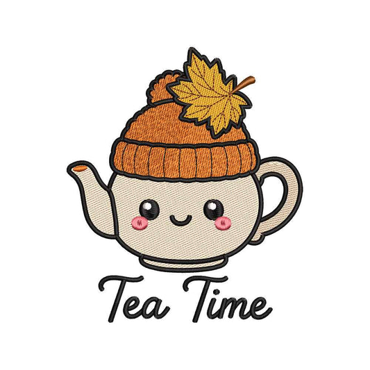 Autumn Tea Time Embroidery Design | Cute Teapot with Knit Hat Fall Machine Embroidery Pattern - SG11072613