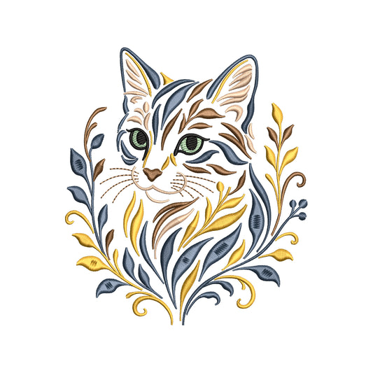 Floral Cat Embroidery Design - Boho Botanical Animal Motif SG31072646
