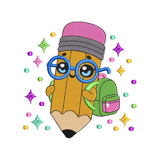 Cute Pencil With Glasses Backpack Embroidery Design Kawaii Back To School - SG13042618