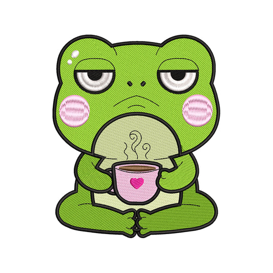 Cute Frog Coffee Embroidery Design Kawaii Animal with Mug - SG16042603