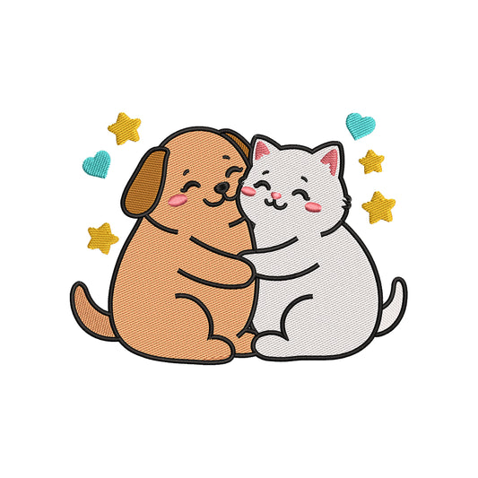 Cute Cat and Dog Hug Embroidery Design Kawaii Pet Love Animals - SG16042628