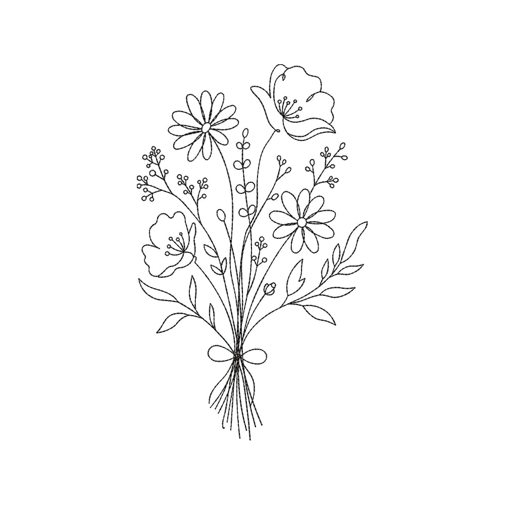 Wildflower Bouquet Floral Line Art Embroidery Design Botanical Flowers Sketch - SG16052617
