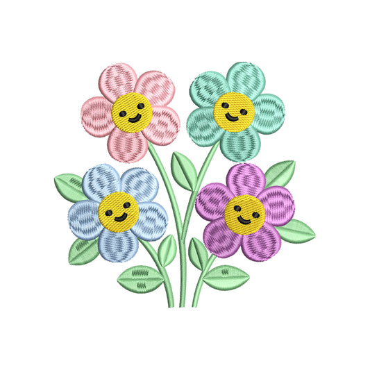 Happy Smiley Flowers Embroidery Design Cute Daisy Faces Kawaii Floral - SG17042604