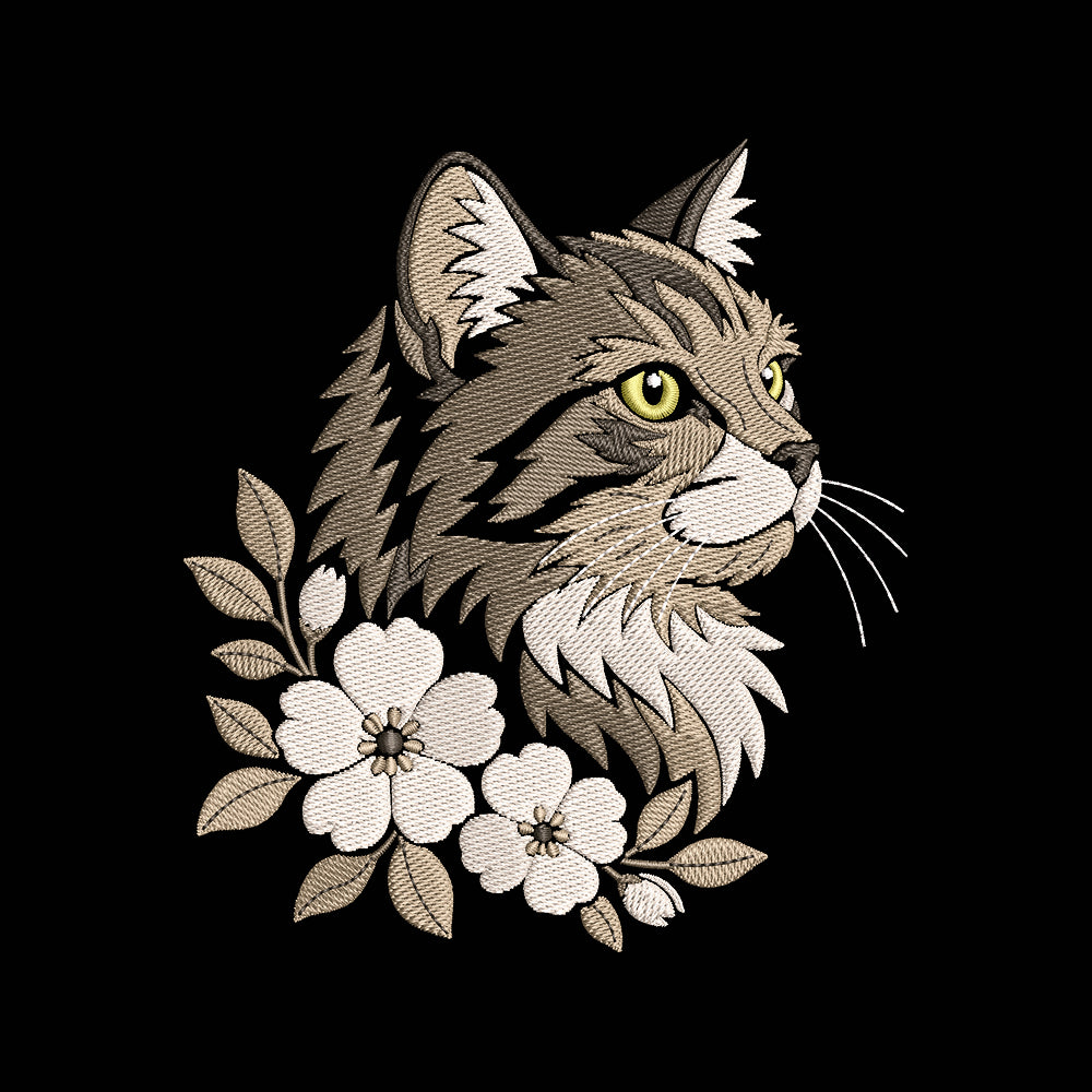 Boho Floral Cat Embroidery Design - Botanical Cat Motif SG31072670
