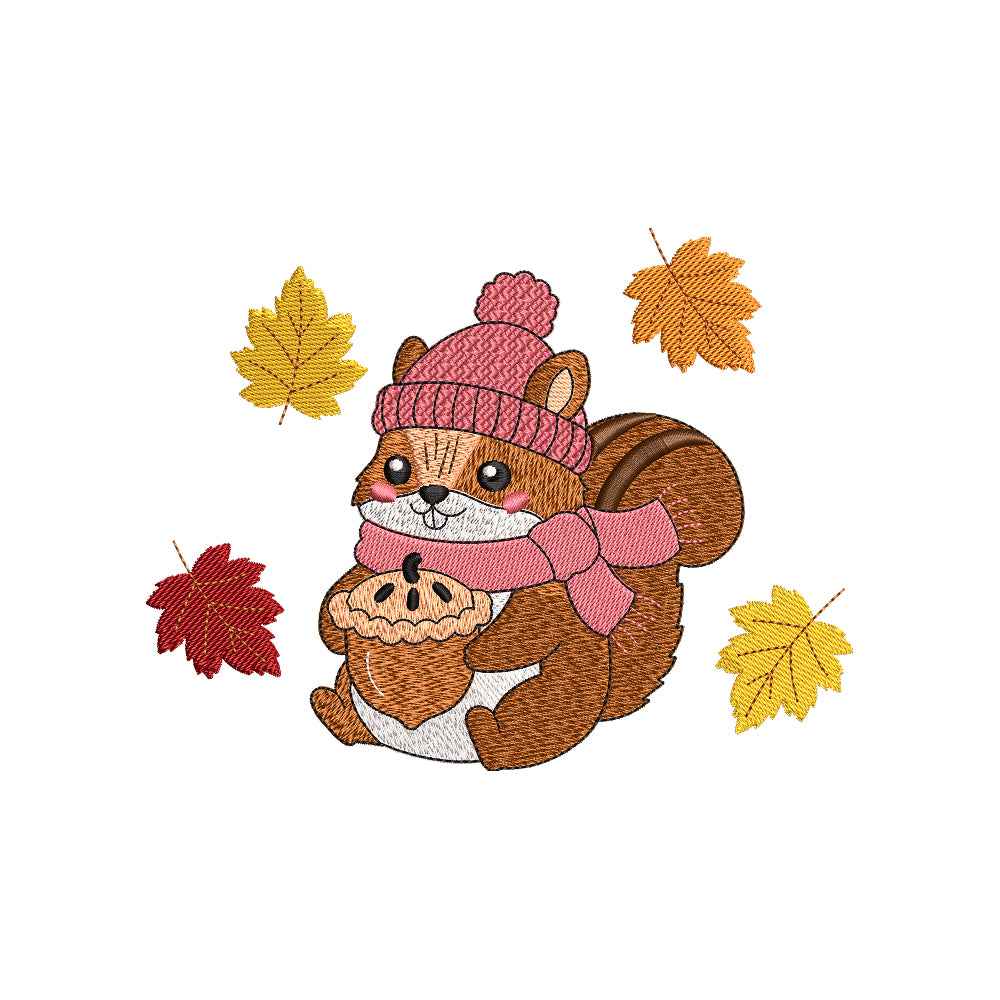 Autumn Squirrel Pumpkin Pie Embroidery Design for Fall Shirts & Decor - SG200701