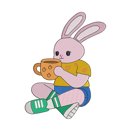 Cute Bunny Coffee Embroidery Design - SG22032603
