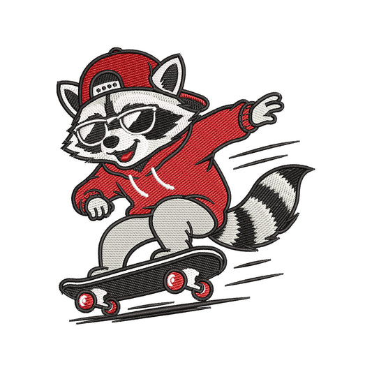 Cool Skater Raccoon Embroidery Design - Streetwear Cartoon Motif SG31072685