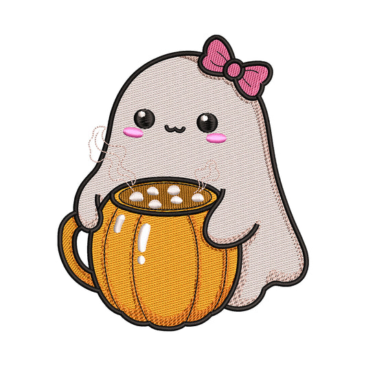 Kawaii Ghost with Pumpkin Mug Embroidery Design - SG260508