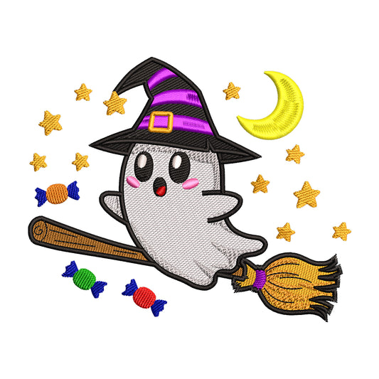 Kawaii Witch Ghost on Broomstick Embroidery Design - SG260510