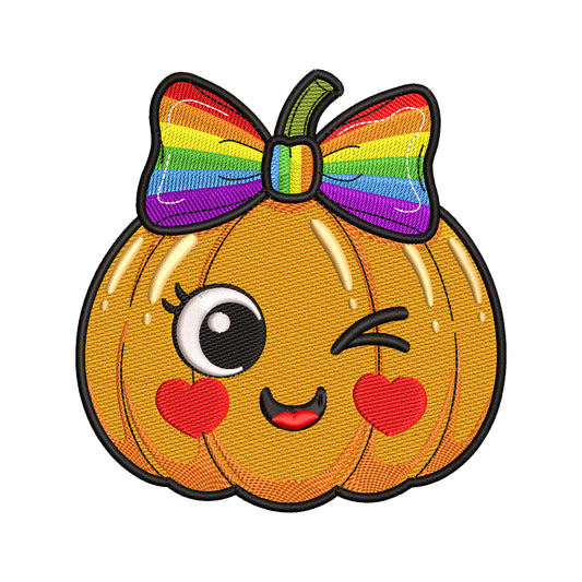 Kawaii Pumpkin with Rainbow Bow Embroidery Design - SG260517