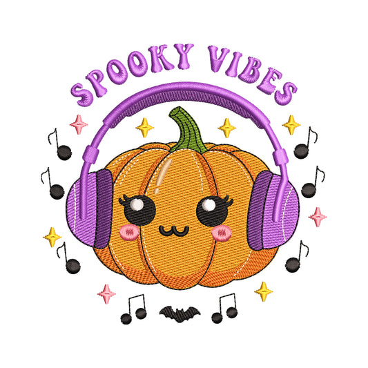 'Spooky Vibes' Pumpkin with Headphones Embroidery Design - SG260532