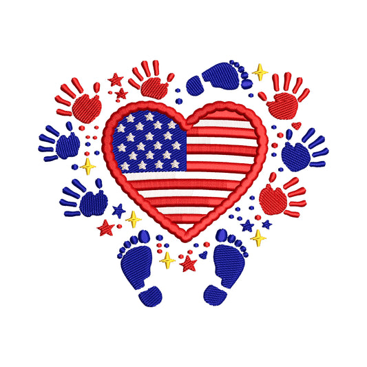 Patriotic Baby Prints and Flag Heart Embroidery Design - SG280406