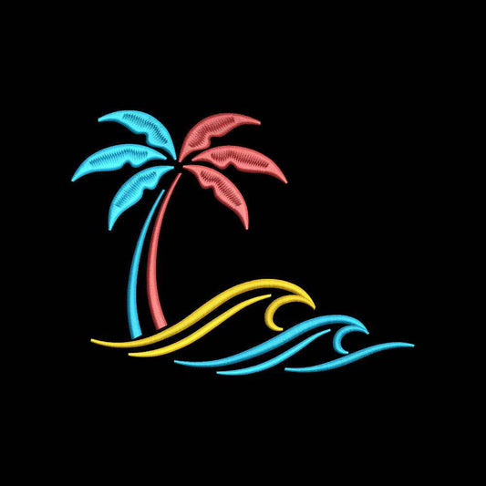 Tropical Palm Tree and Ocean Waves Embroidery Design Summer Beach - SG29052606