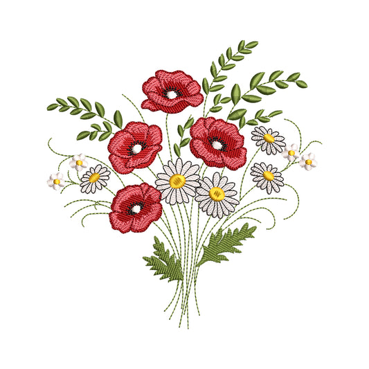 Poppy and Daisy Wildflower Bouquet Embroidery Design - SG300307